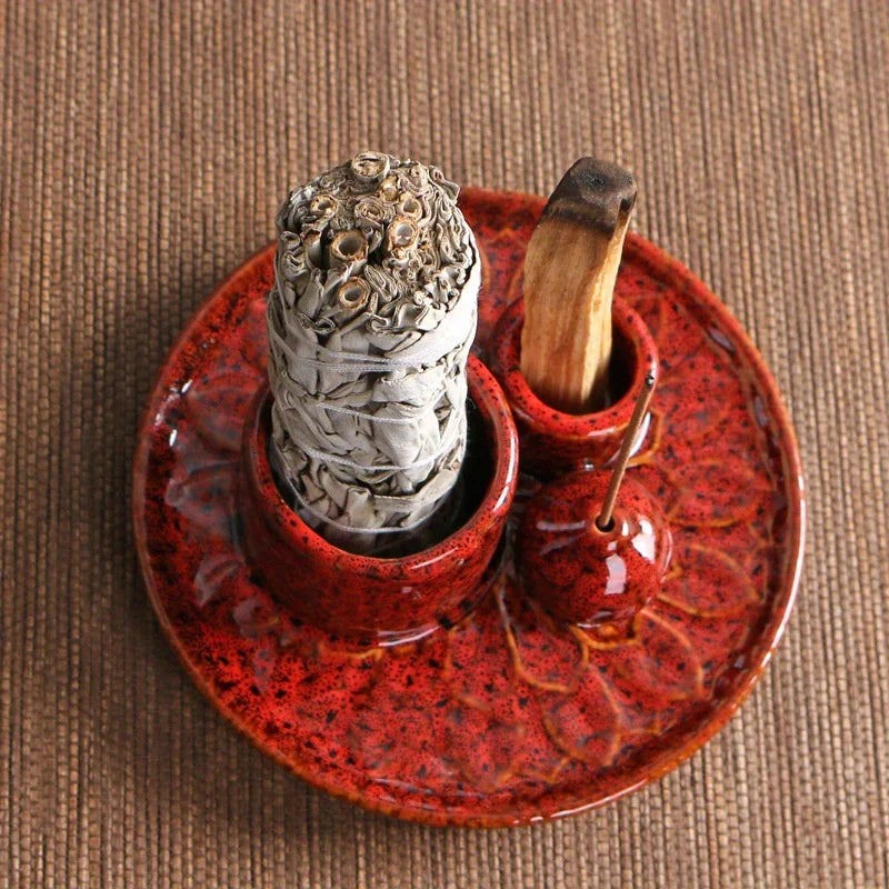 4-in-1 Ceramic Incense Burner for Aromatherapy Meditation Yoga and Home Decor Includes Sage Holder and Incense Holder for Sticks