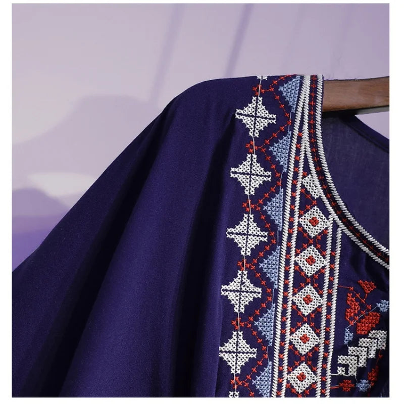 Women Summer Tees Retro Boho Style Embroidery Blouses Cloak Top Loose Cotton Lace Hem Bat sleeve Kimono Shirts Blusa Feminina