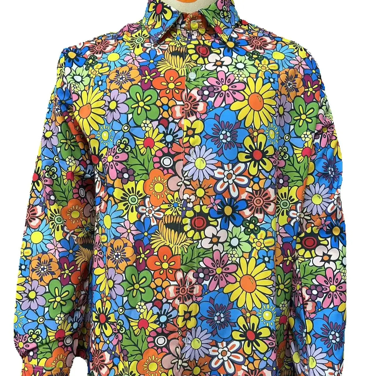 Halloween Hippie Men's Disco Hip-Hop Button Flower Retro Long Sleeve Shirt Print Flower Pullover Blouse Versatile Top