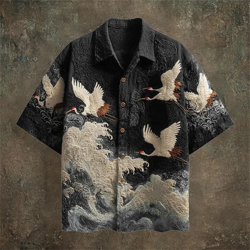 Men's retro color block style short sleeved ethnic retro tribal short sleeved linen shirt casual fashion shirt top