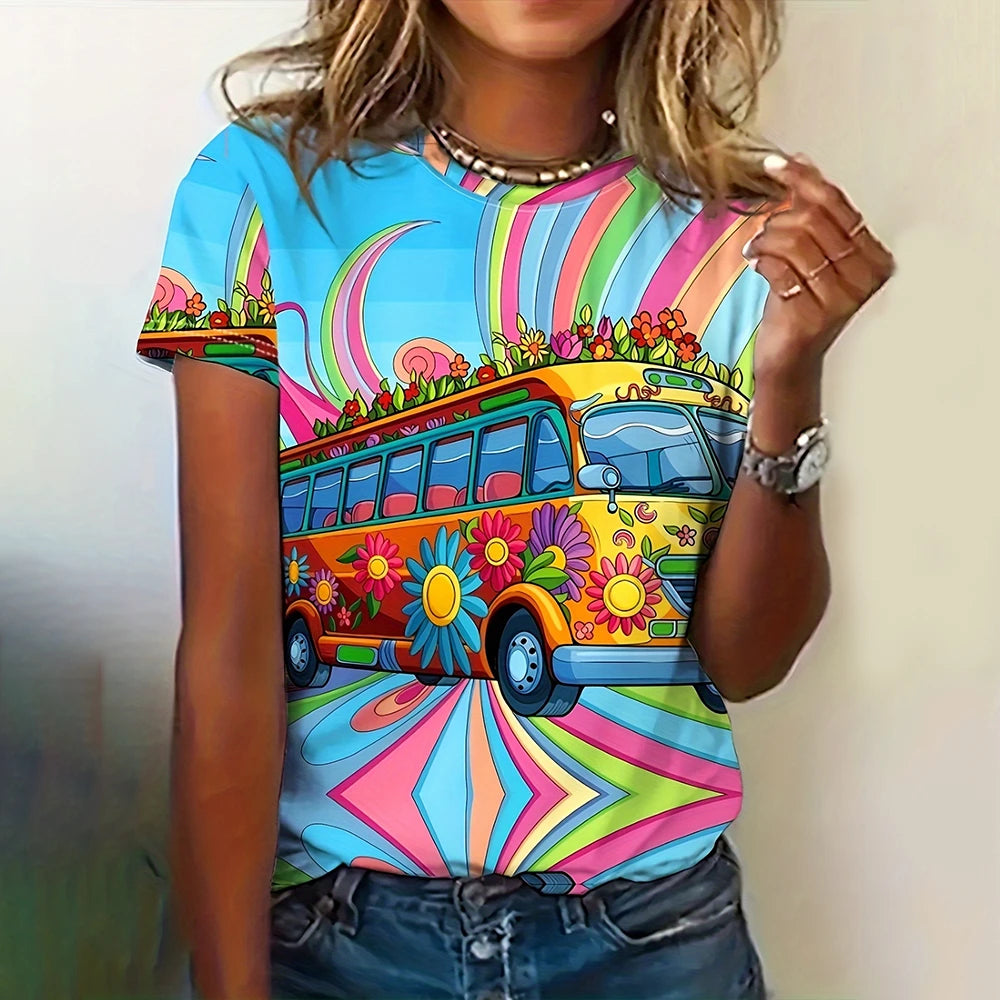 2025 New Women's T-shirt Cartoon Car Print Hippie Bus Tops Women's Trending Clothes Fashion Short Sleeve Shirt Funny Tee Tops