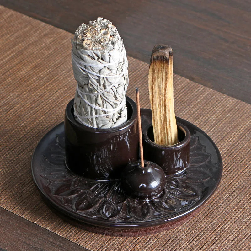 4-in-1 Ceramic Incense Burner for Aromatherapy Meditation Yoga and Home Decor Includes Sage Holder and Incense Holder for Sticks