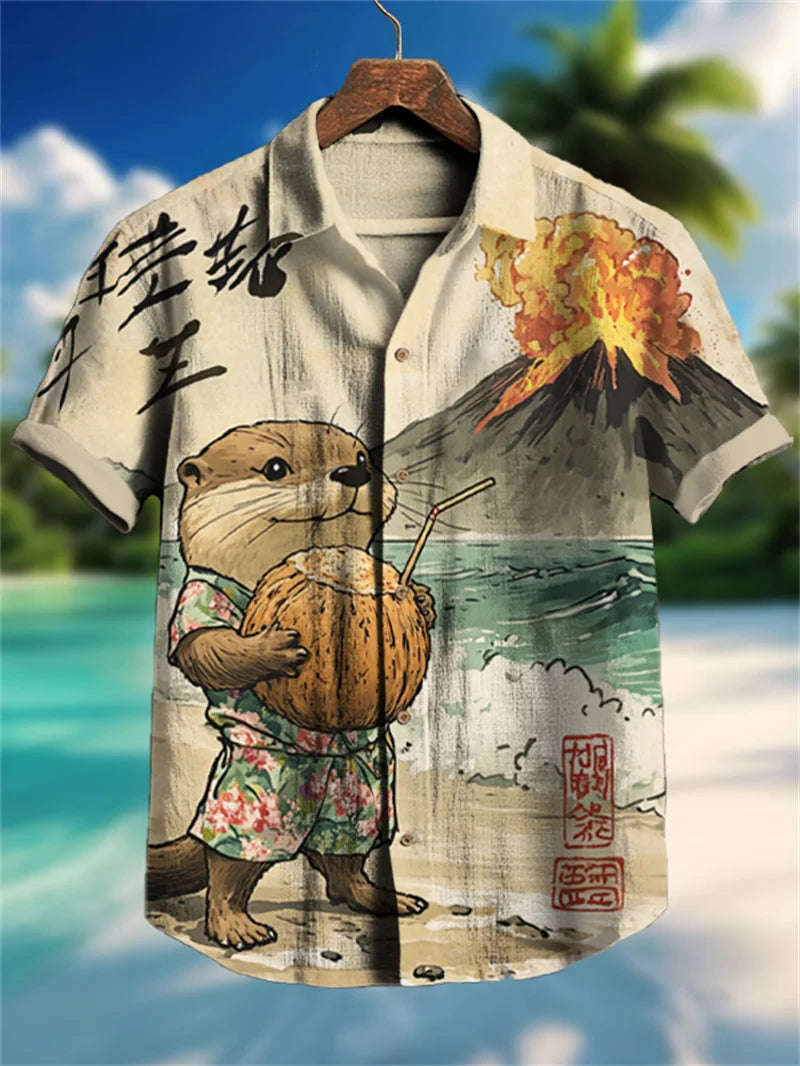 Men's retro color block style short sleeved ethnic retro tribal short sleeved linen shirt casual fashion shirt top
