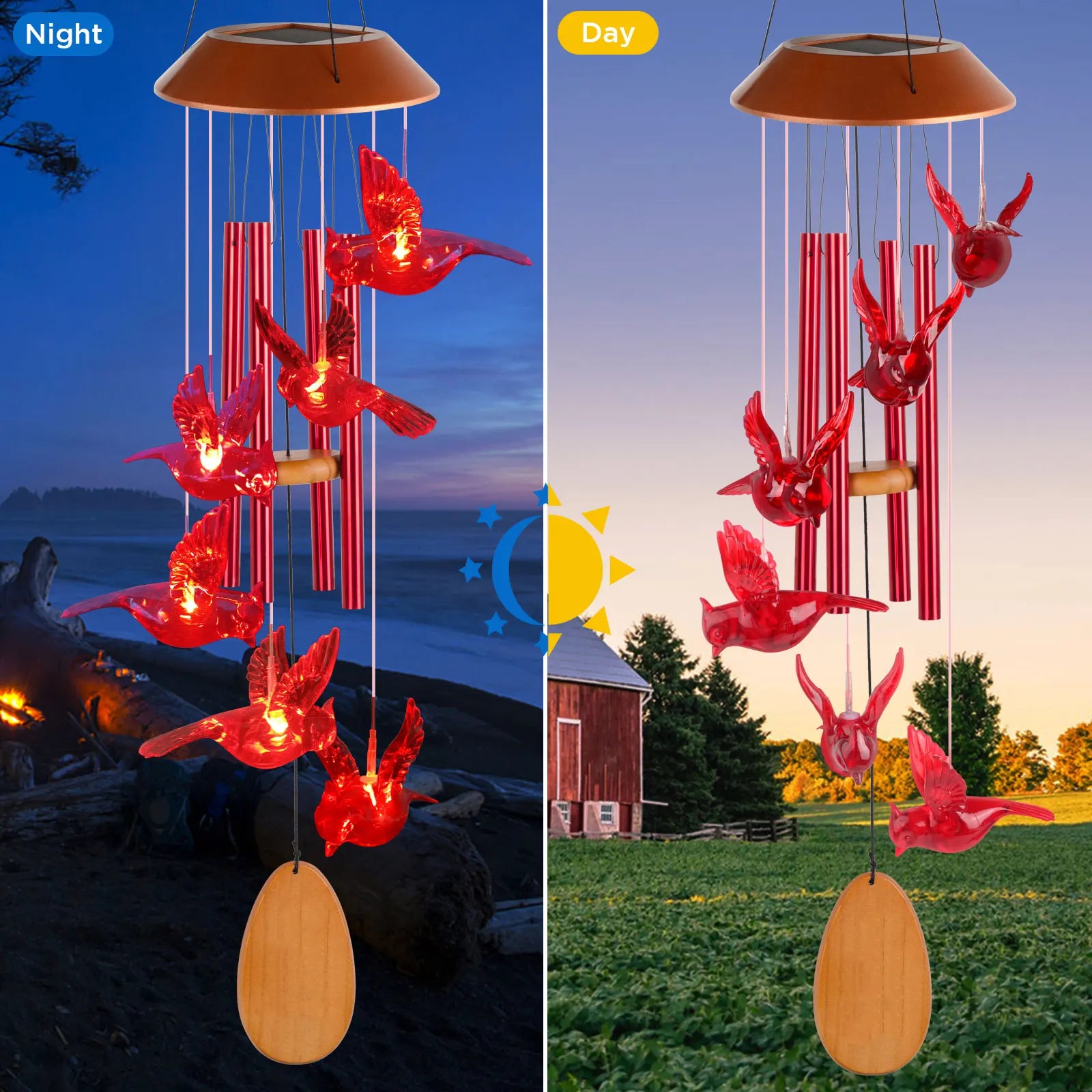 Solar Wind Chimes, Christmas Gifts for Mom & Grandma, Wooden Cardinal with Aluminum Tubes, Outdoor Garden Decor for Valentine‘s