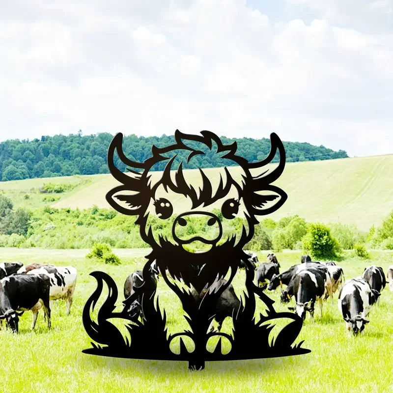 A Charming Highland Cow Garden Stake, Durable Cartoon Animal Garden Decoration, Rustic Cottage Metal Art, Spring Outdoor Decor