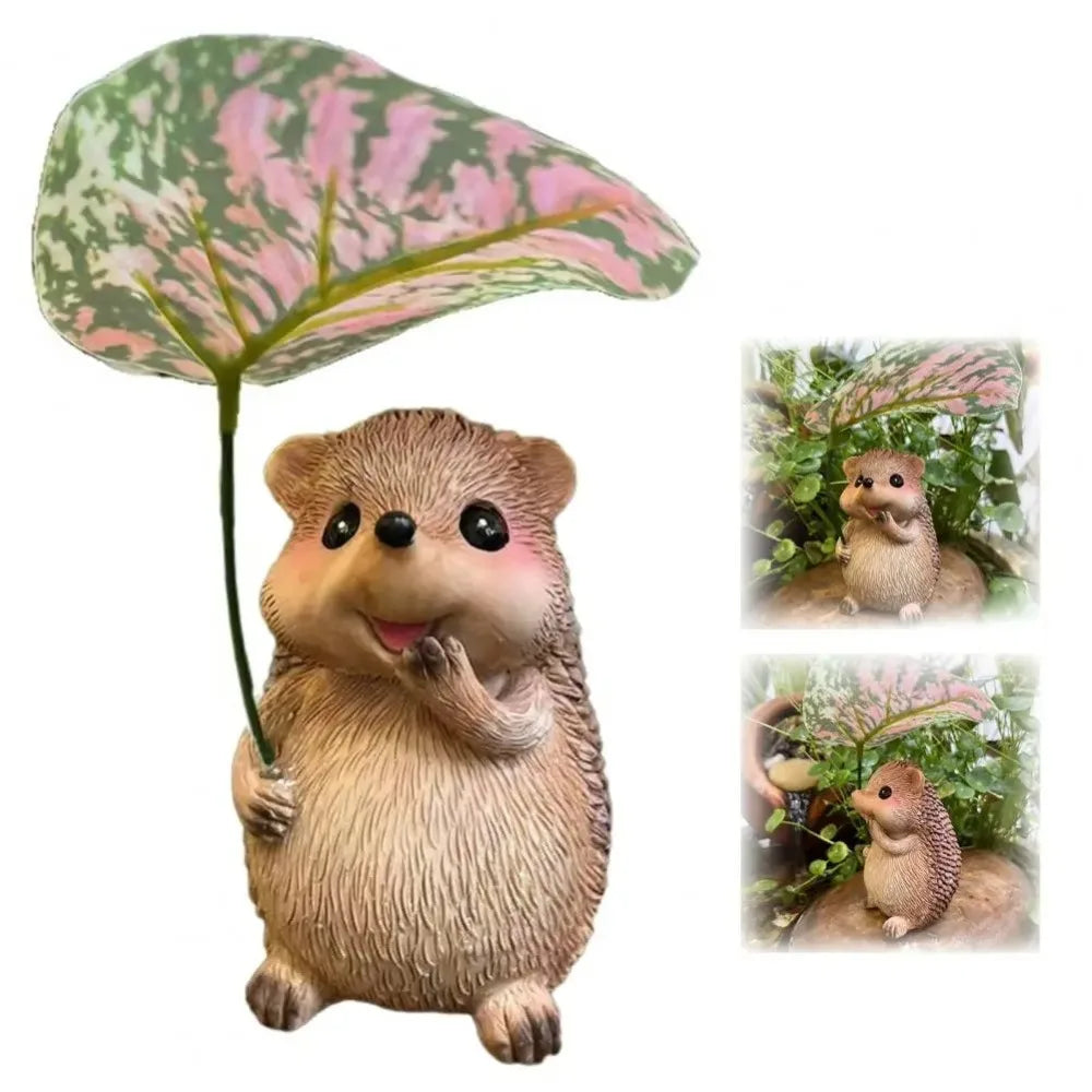 Cute Resin Leaf Umbrella Hedgehog Figurine Garden Hedgehog Statue Resin Animal  Sculpture Outdoor Garden Decor Ornament