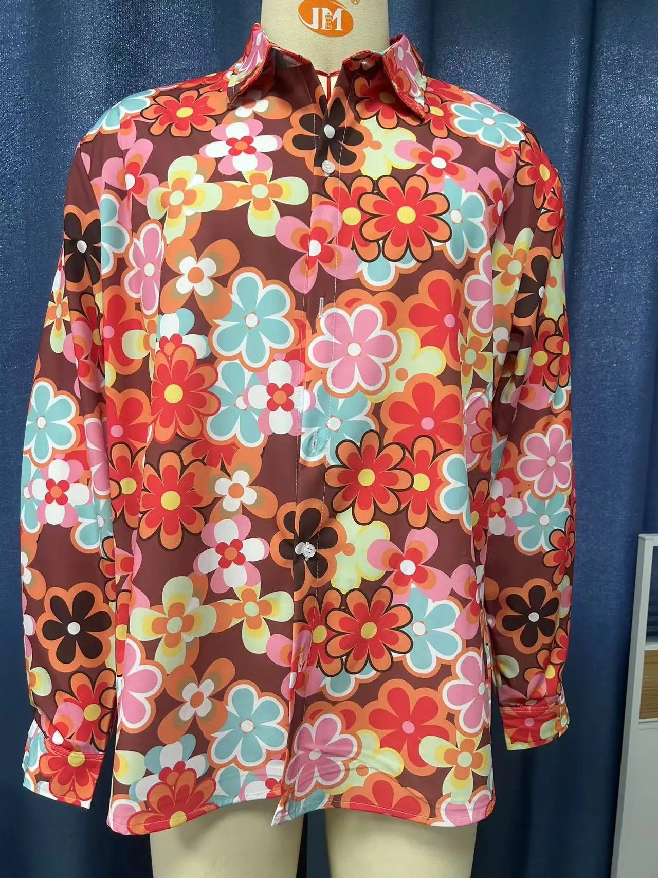 Halloween Hippie Men's Disco Hip-Hop Button Flower Retro Long Sleeve Shirt Print Flower Pullover Blouse Versatile Top