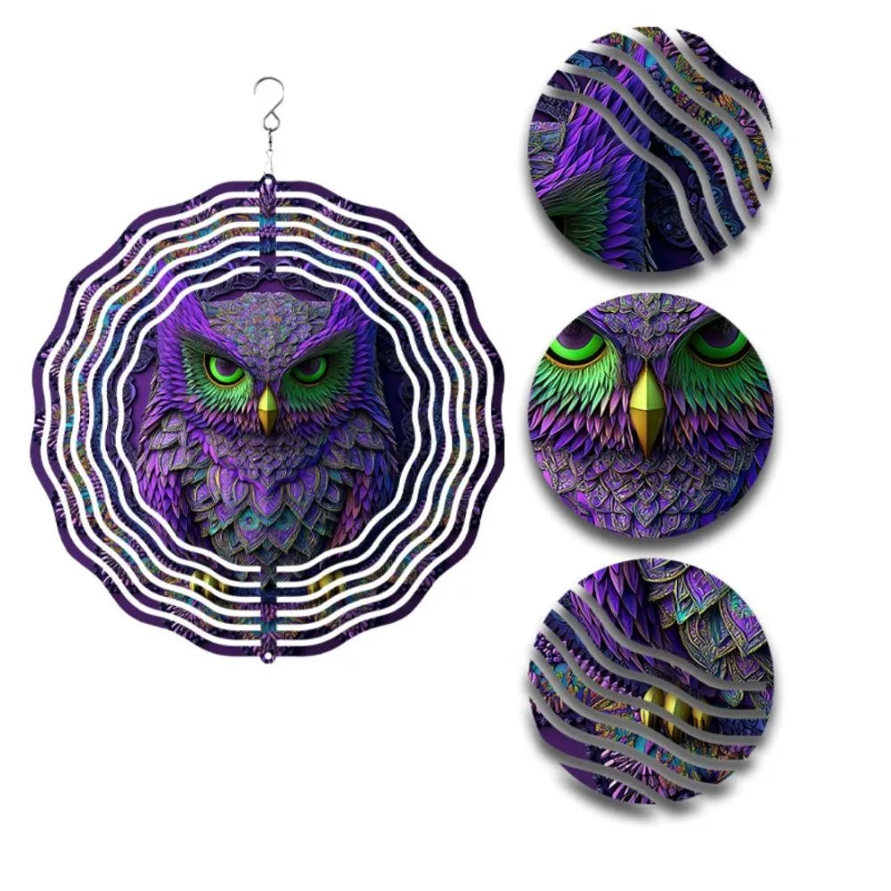 Vibrant 10-Inch Owl 3D Mandala Wind Chime - Colorful, Rotating Design for Outdoor Decor, Battery-Free Operation,