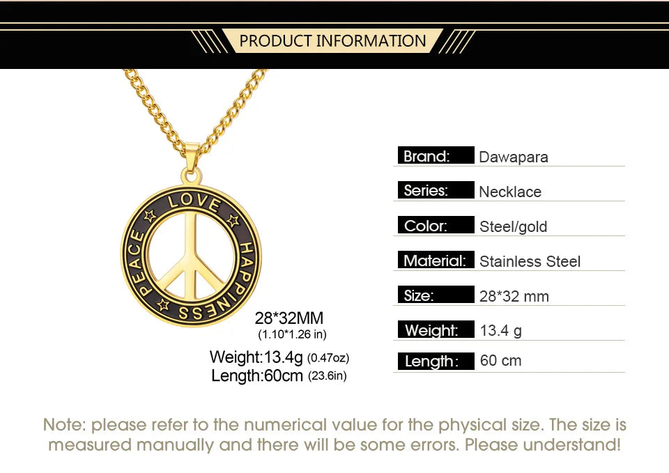 Dawapara Peace Sign Symbol Necklace Peace Love Happiness Blessing Pendant Stainless Steel Jewelry Hippie Accessories