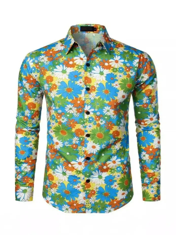 Halloween Hippie Men's Disco Hip-Hop Button Flower Retro Long Sleeve Shirt Print Flower Pullover Blouse Versatile Top