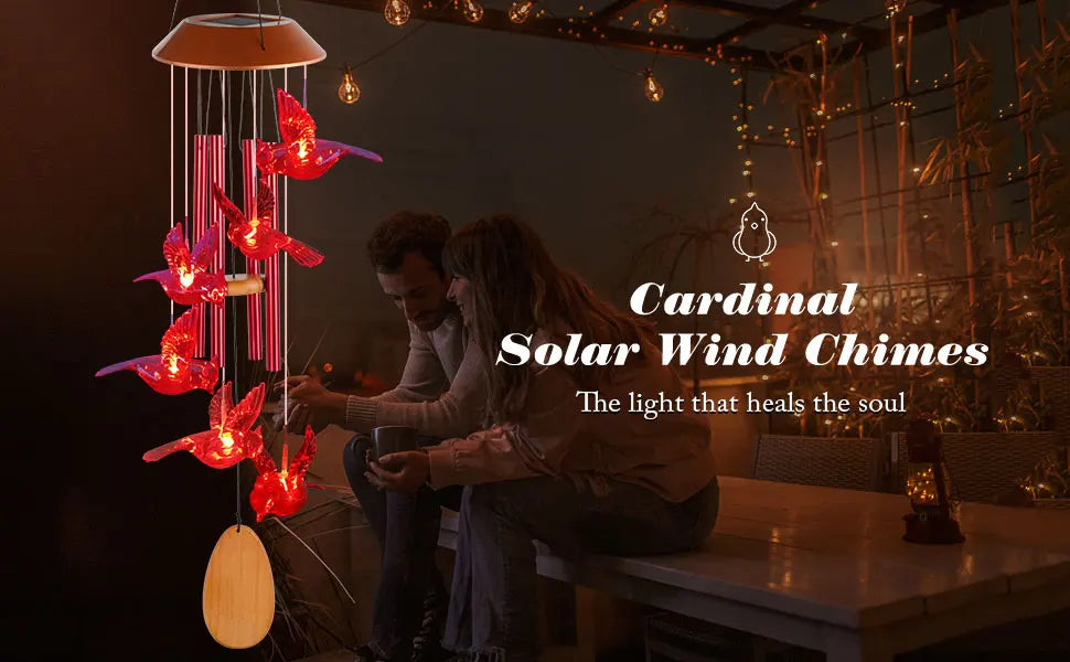 Solar Wind Chimes, Christmas Gifts for Mom & Grandma, Wooden Cardinal with Aluminum Tubes, Outdoor Garden Decor for Valentine‘s