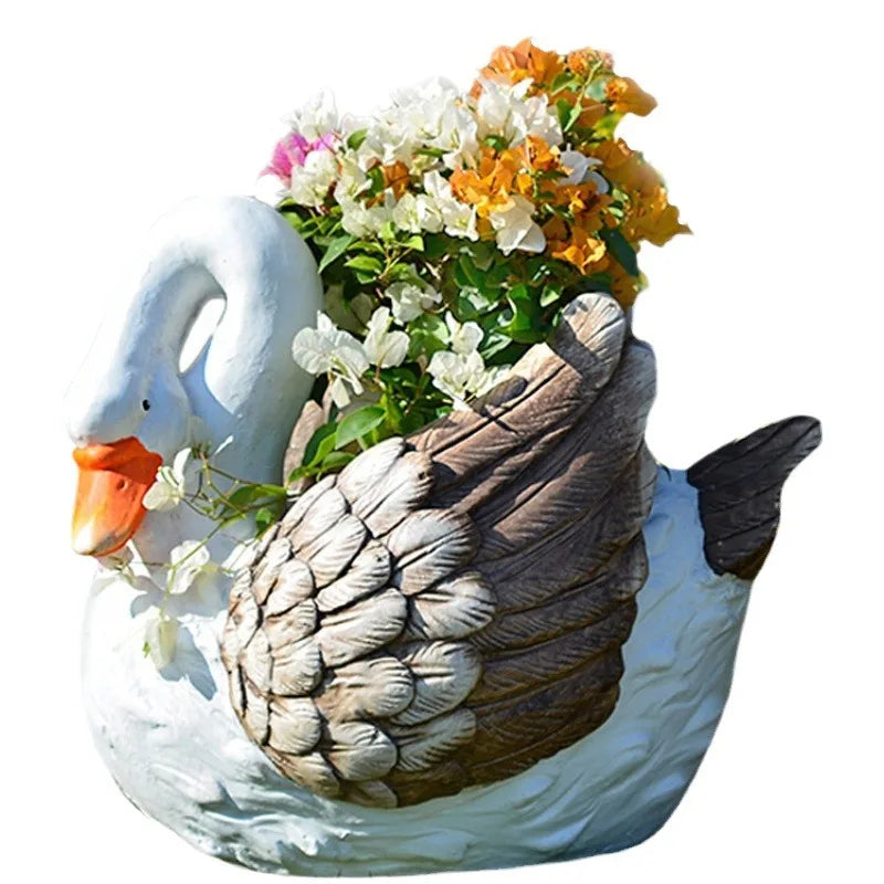 Garden Goose Fountain Statue Outdoor Animal Flower Pot Patio Flowing Ornaments Hotel Landscape Bonsai Display Rustic Planter