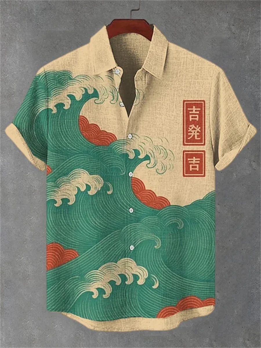 Men's short-sleeved shirt, stylish fighter jet print, breathable casual top, trendy retro pattern, personalized Hawaiian shirt.