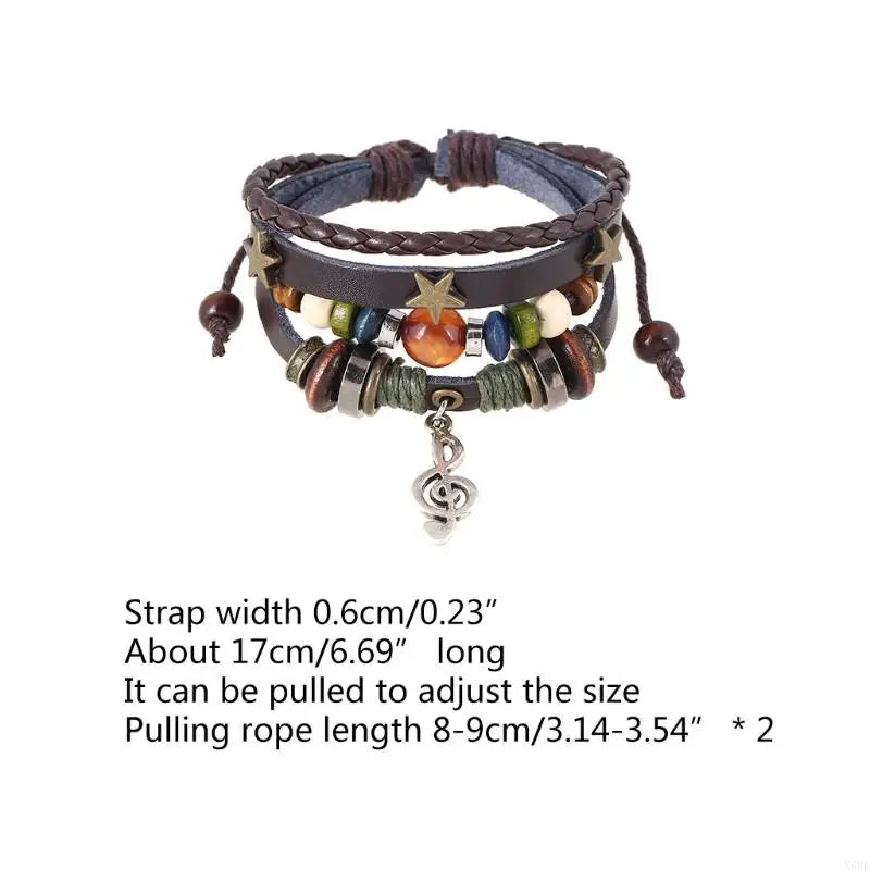 Handmade Boho Gypsy Hippie Design Brown Leather Star Musical Note Metal Charms Wood Button Beads Wrap Unisex Adjustable Bracelet