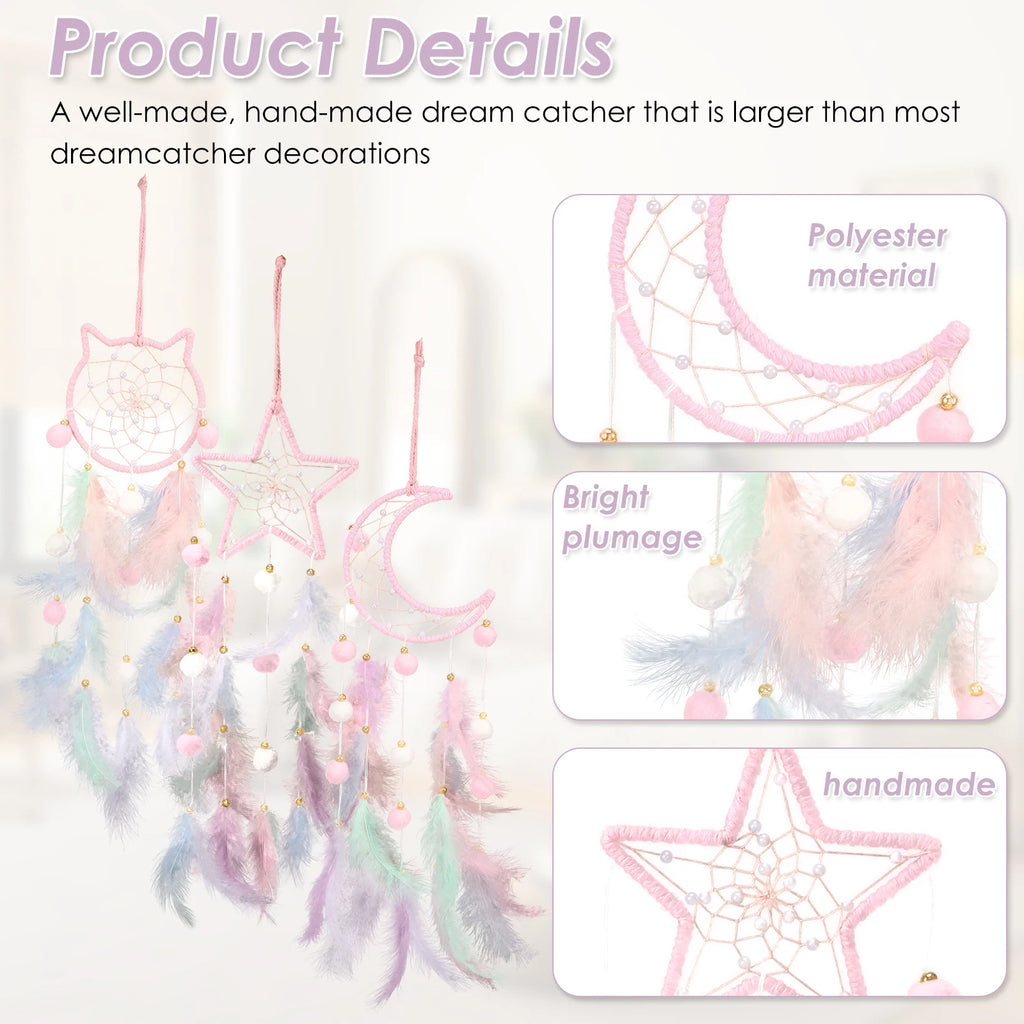 Dream Catcher Wall Decor Pink Feather Dreamcather Star Moon Wall Hanging for Girls Kids Bedroom Decor Birthday Christmas Gifts