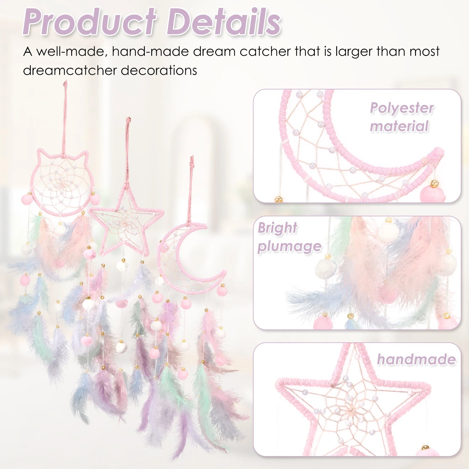 Dream Catcher Wall Decor Pink Feather Dreamcather Star Moon Wall Hanging for Girls Kids Bedroom Decor Birthday Christmas Gifts