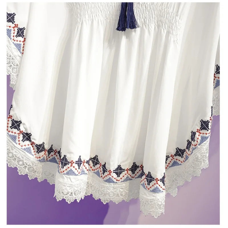 Women Summer Tees Retro Boho Style Embroidery Blouses Cloak Top Loose Cotton Lace Hem Bat sleeve Kimono Shirts Blusa Feminina