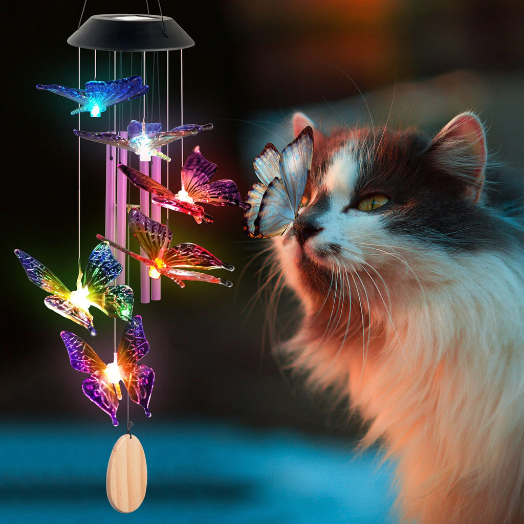 Solar Butterfly Wind Chimes, Christmas Gifts for Mom Grandma, Purple Glass with Lighted Pendant, Outdoor Garden Patio Decor for