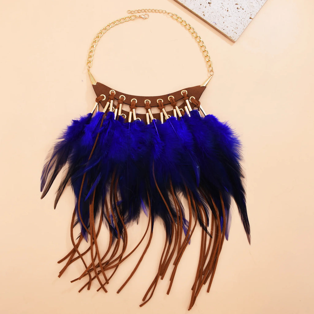 Black Brown Long Feather Pendants Indian Ethnic Necklace Vintage Bohemia African Hyperbole Hippie Charm Collar Statement Jewelry
