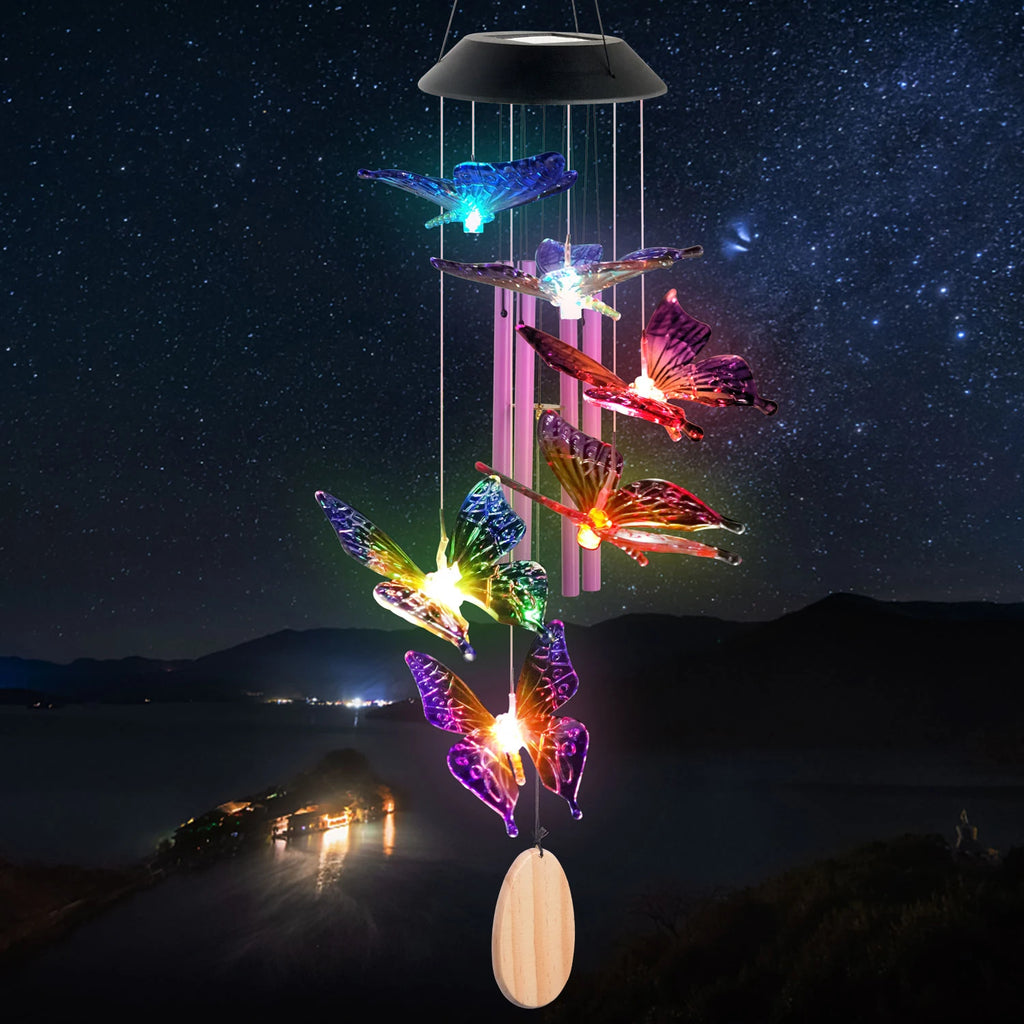 Solar Butterfly Wind Chimes, Christmas Gifts for Mom Grandma, Purple Glass with Lighted Pendant, Outdoor Garden Patio Decor for