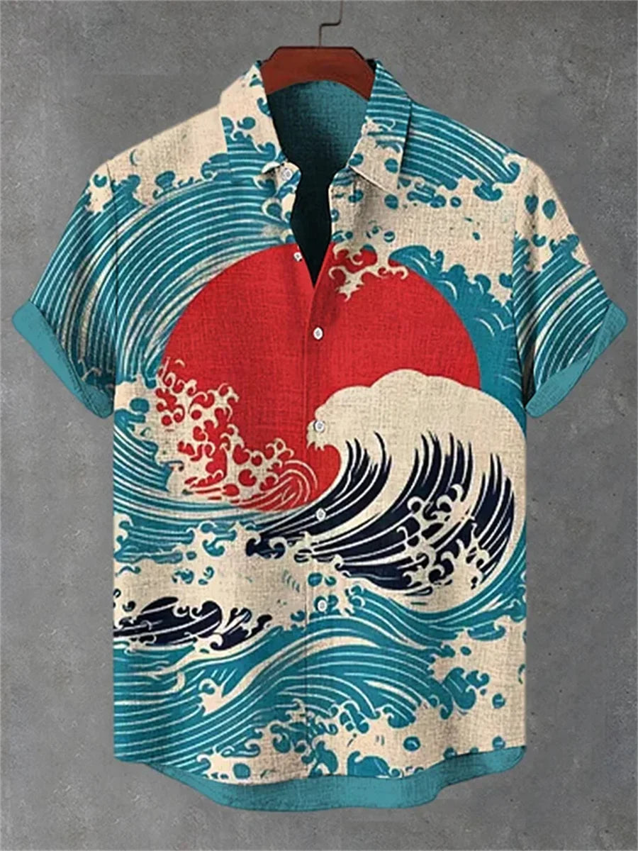 Men's short-sleeved shirt, stylish fighter jet print, breathable casual top, trendy retro pattern, personalized Hawaiian shirt.