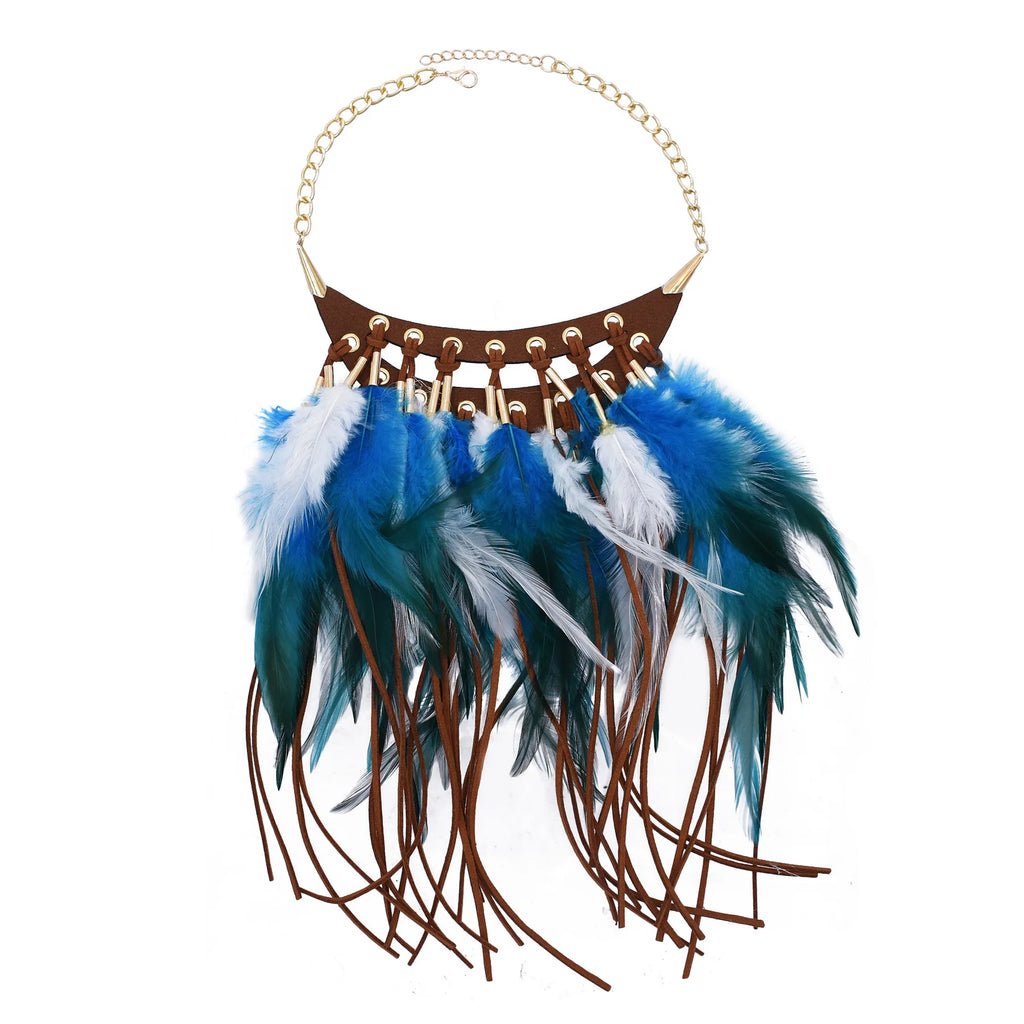 Black Brown Long Feather Pendants Indian Ethnic Necklace Vintage Bohemia African Hyperbole Hippie Charm Collar Statement Jewelry