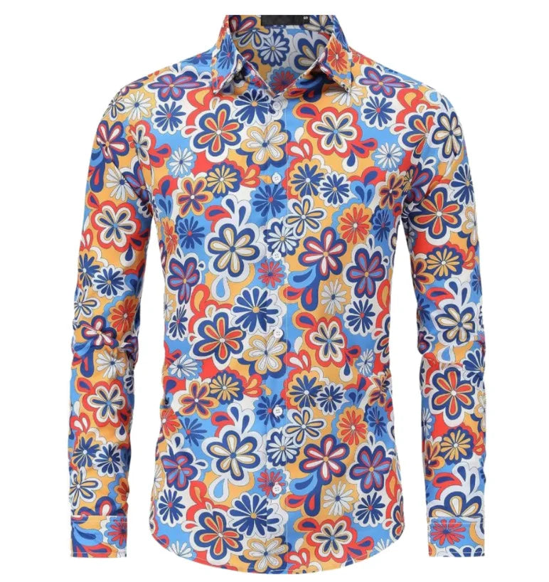 Halloween Hippie Men's Disco Hip-Hop Button Flower Retro Long Sleeve Shirt Print Flower Pullover Blouse Versatile Top