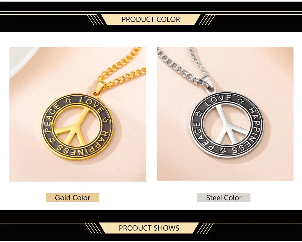 Dawapara Peace Sign Symbol Necklace Peace Love Happiness Blessing Pendant Stainless Steel Jewelry Hippie Accessories