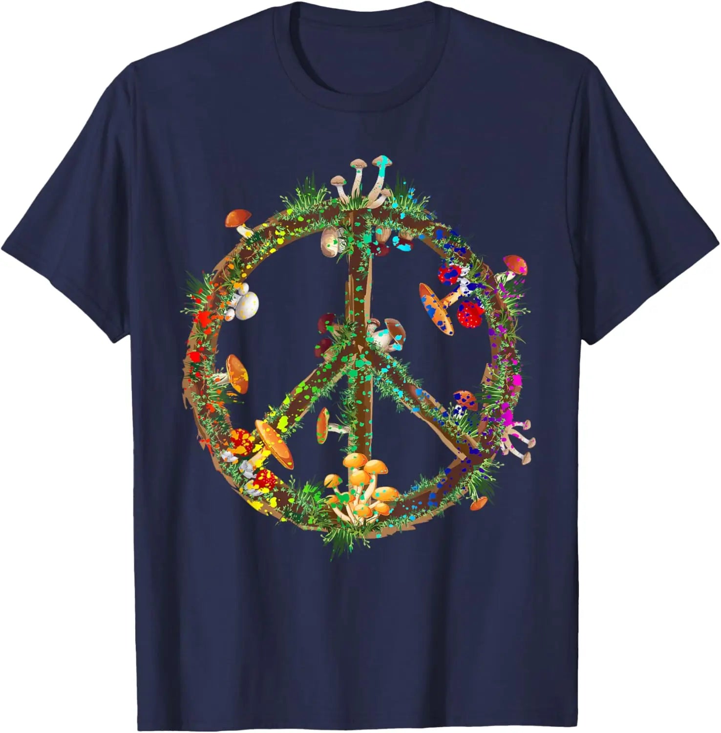 Psychedelic Mushroom Peace Sign Hippie Trippy Retro Graphic T-Shirt Unisex Casual Short Sleeve Tee