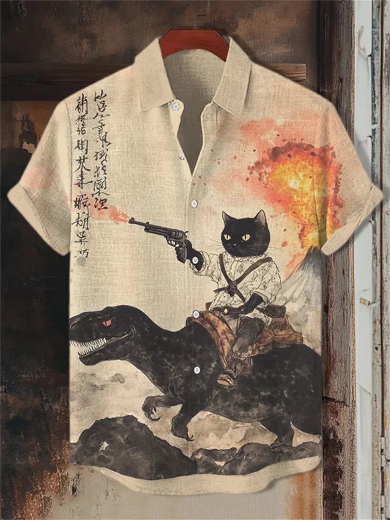 Men's retro color block style short sleeved ethnic retro tribal short sleeved linen shirt casual fashion shirt top