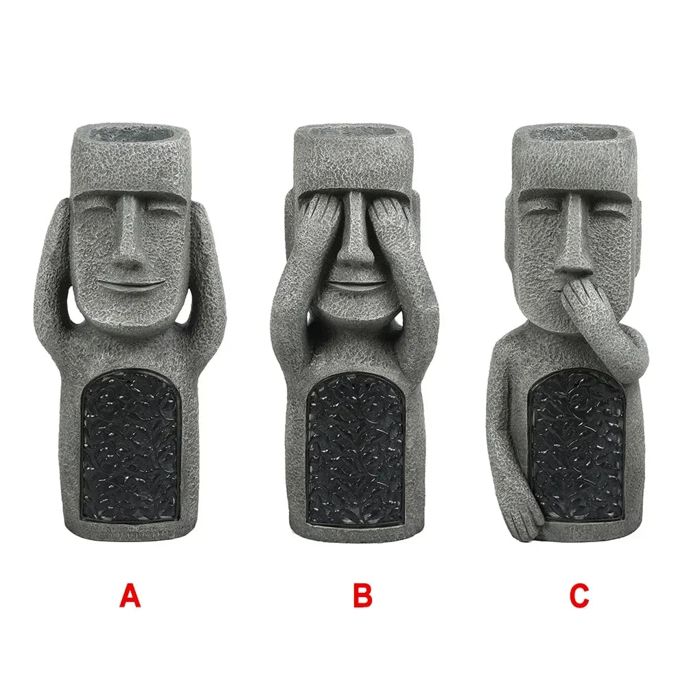 See Hear Speak No Evil Garden Easter Island Statues Creative Resin Sculpture Outdoor Decoration Home Vase Statue Decor Figurine