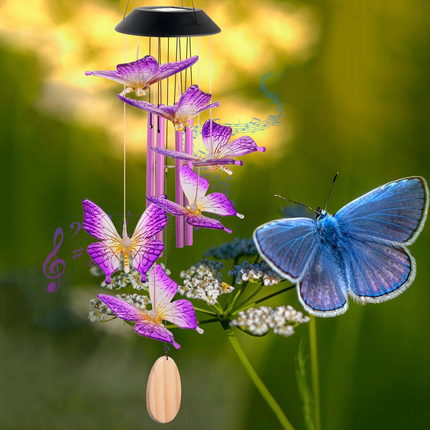 Solar Butterfly Wind Chimes, Christmas Gifts for Mom Grandma, Purple Glass with Lighted Pendant, Outdoor Garden Patio Decor for