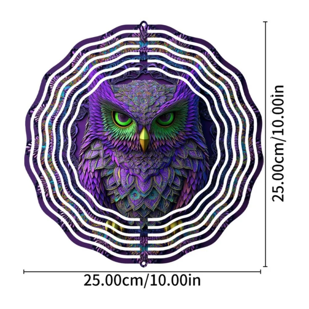 Vibrant 10-Inch Owl 3D Mandala Wind Chime - Colorful, Rotating Design for Outdoor Decor, Battery-Free Operation,