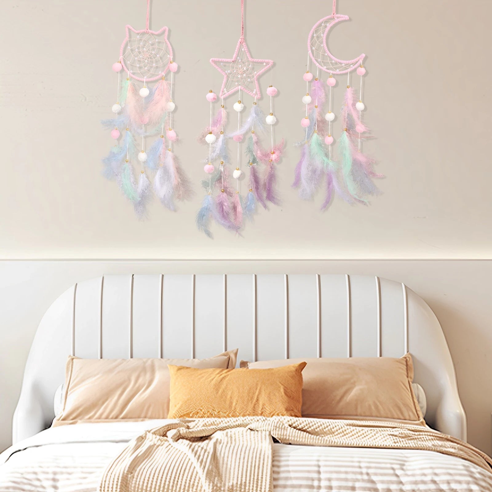 Dream Catcher Wall Decor Pink Feather Dreamcather Star Moon Wall Hanging for Girls Kids Bedroom Decor Birthday Christmas Gifts
