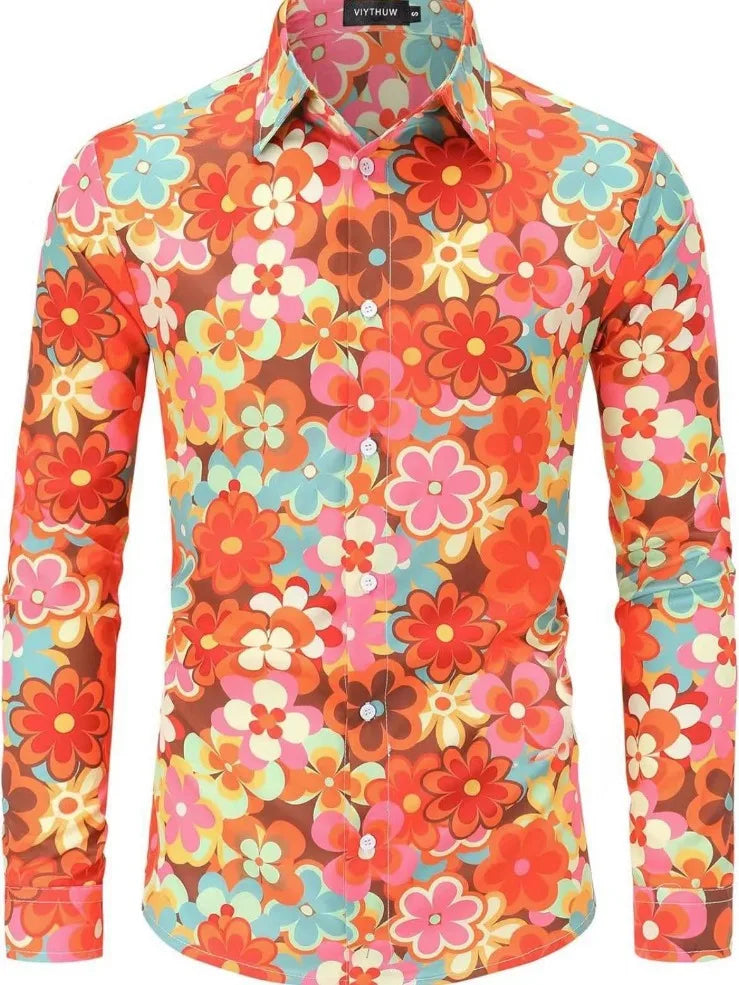 Halloween Hippie Men's Disco Hip-Hop Button Flower Retro Long Sleeve Shirt Print Flower Pullover Blouse Versatile Top