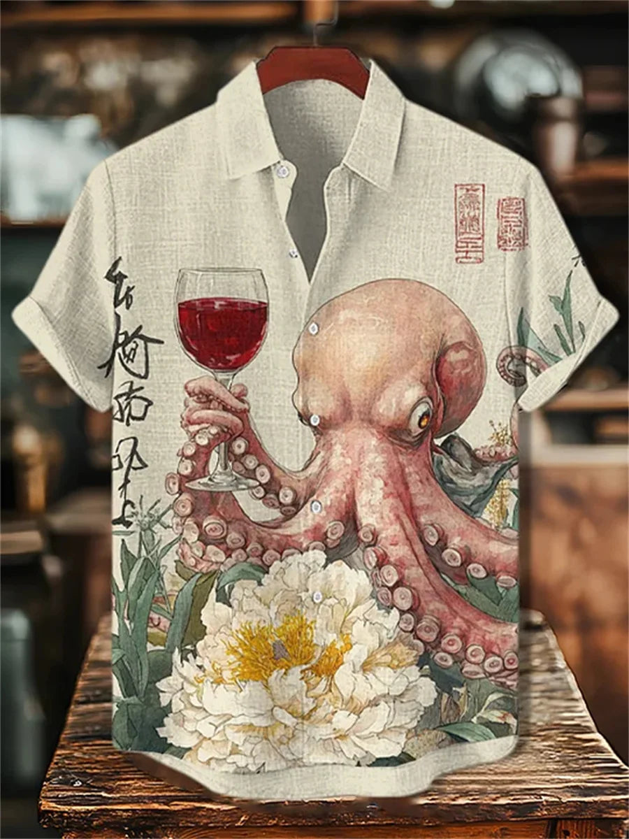 Men's short-sleeved shirt, stylish fighter jet print, breathable casual top, trendy retro pattern, personalized Hawaiian shirt.