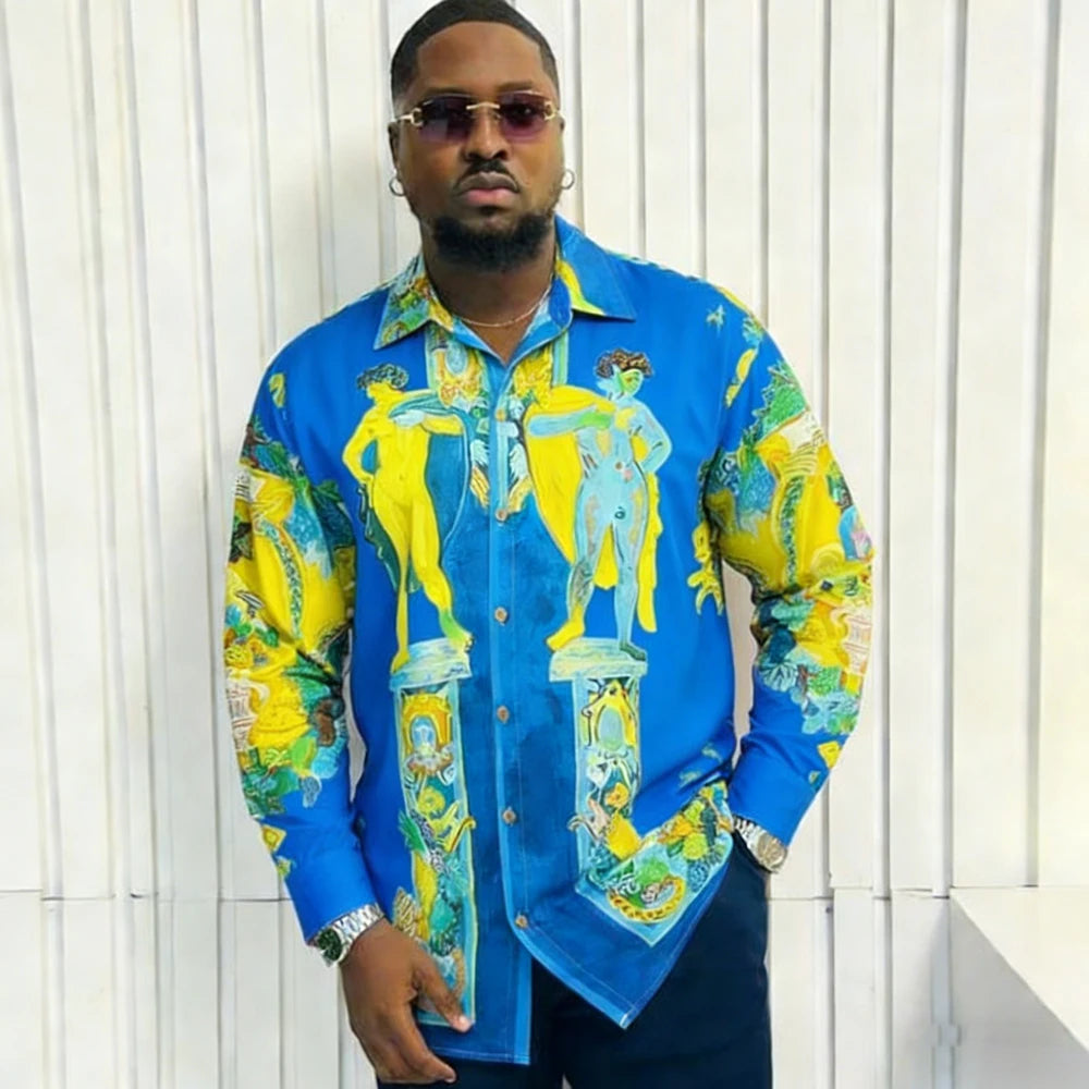 Men's French Long Sleeve Shirt Baroque Pattern High Definition Printed Shirt Hawaii Vacation Social Men's Clothes Quick Drying