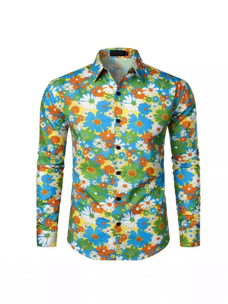 Halloween Hippie Men's Disco Hip-Hop Button Flower Retro Long Sleeve Shirt Print Flower Pullover Blouse Versatile Top