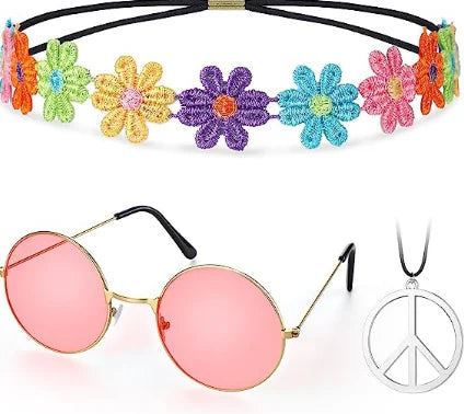 Hippie Costume Set 60's Style Circle Glasses Peace Sign Necklace Daisy Sunflower Headbands  Dressing Accessory Hippie Party