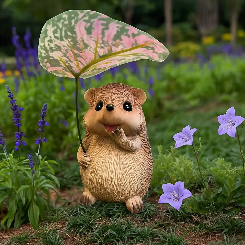 Cute Leaf Umbrella Hedgehog Figurine Weatherproof Resin Garden Hedgehog Statue Handmade Small Hedgehog Sculpture Patio Decor
