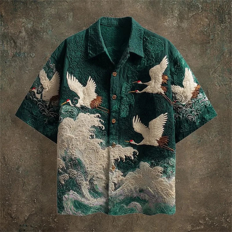 Men's retro color block style short sleeved ethnic retro tribal short sleeved linen shirt casual fashion shirt top