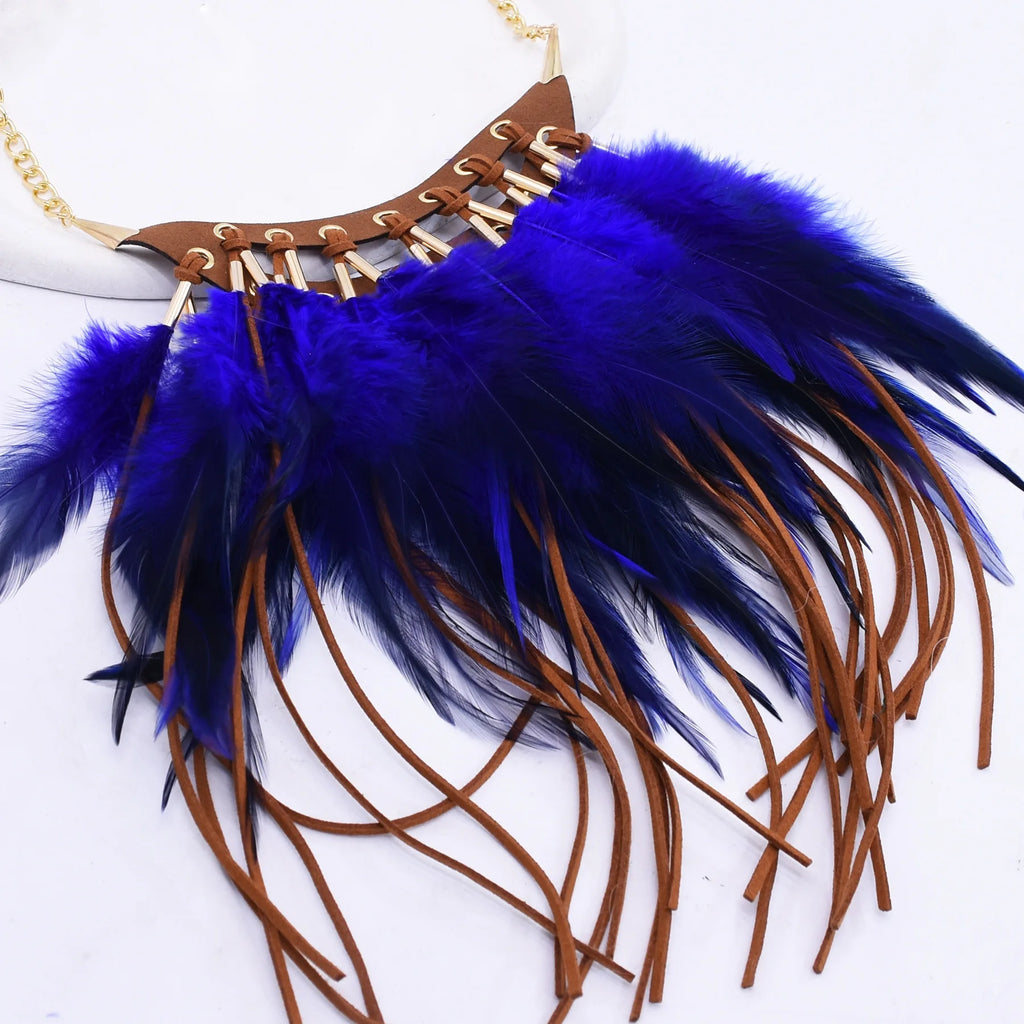 Black Brown Long Feather Pendants Indian Ethnic Necklace Vintage Bohemia African Hyperbole Hippie Charm Collar Statement Jewelry