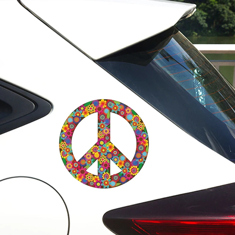 1pc Peace Sign Car Sticker, Multicolor Flowers Hippie Decal By Megan J Designs, Laptop Window Car Vinyl Sticker