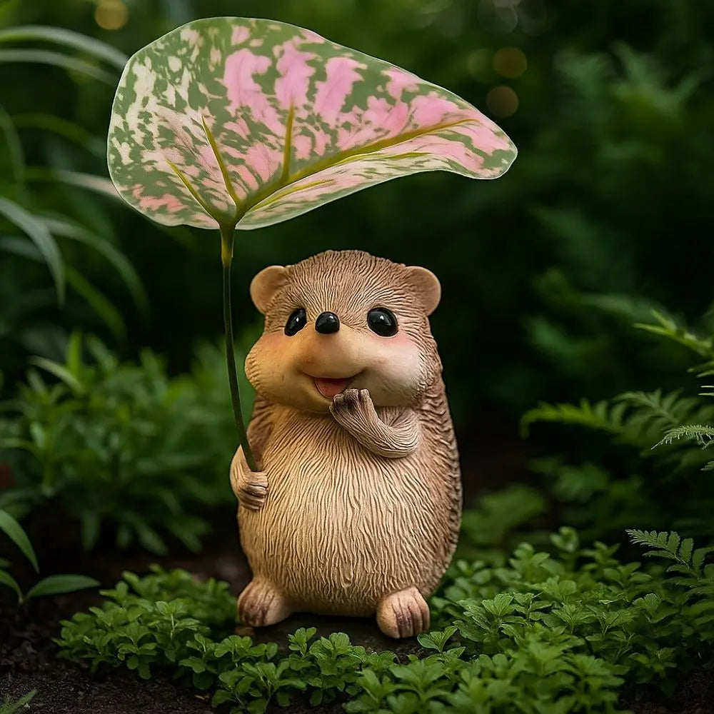 Cute Resin Leaf Umbrella Hedgehog Figurine Garden Hedgehog Statue Resin Animal  Sculpture Outdoor Garden Decor Ornament