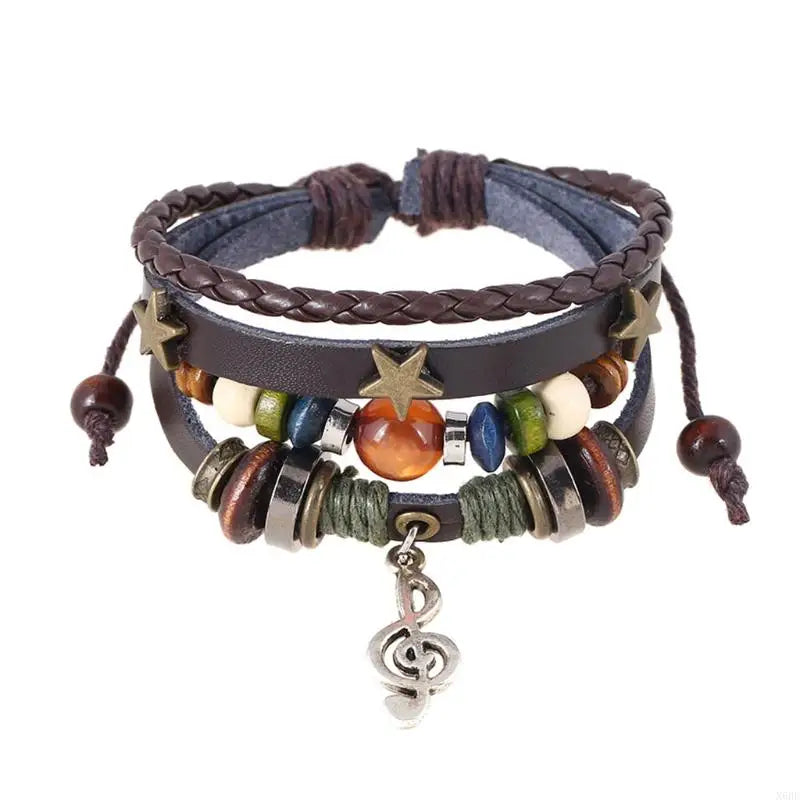 Handmade Boho Gypsy Hippie Design Brown Leather Star Musical Note Metal Charms Wood Button Beads Wrap Unisex Adjustable Bracelet