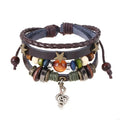 Handmade Boho Gypsy Hippie Design Brown Leather Star Musical Note Metal Charms Wood Button Beads Wrap Unisex Adjustable Bracelet