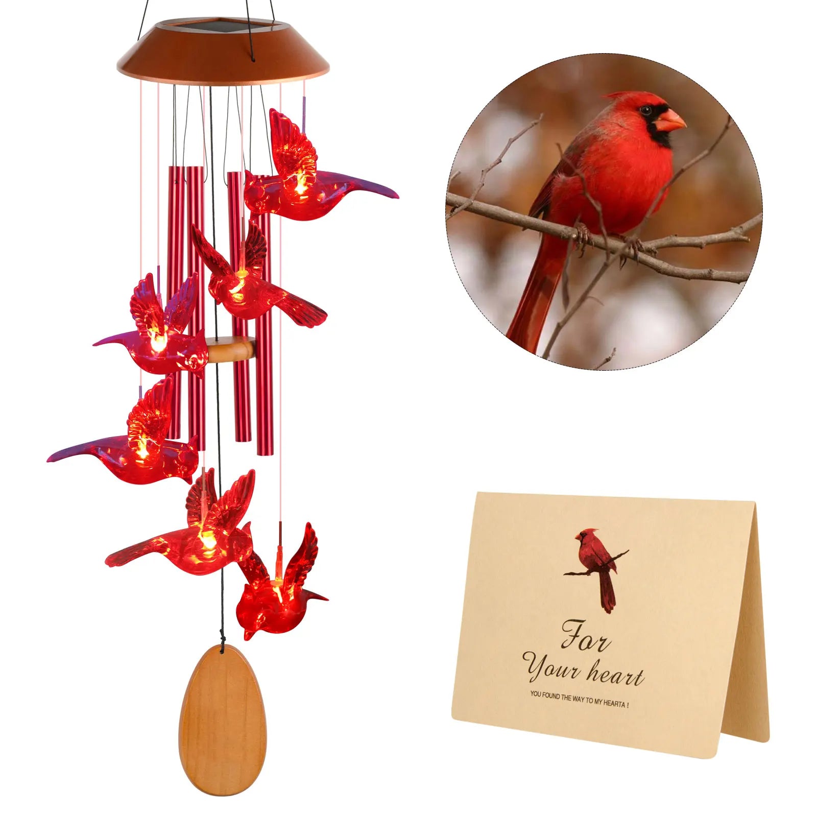 Solar Wind Chimes, Christmas Gifts for Mom & Grandma, Wooden Cardinal with Aluminum Tubes, Outdoor Garden Decor for Valentine‘s