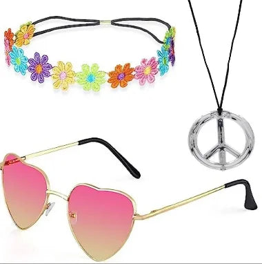 Hippie Costume Set 60's Style Circle Glasses Peace Sign Necklace Daisy Sunflower Headbands  Dressing Accessory Hippie Party