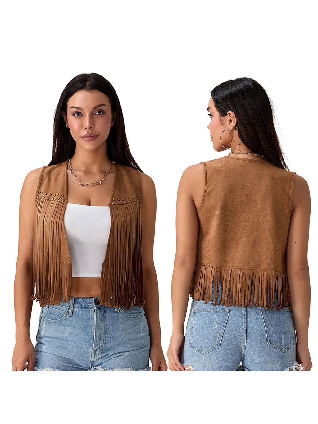 Women s Suede Tassel Vest 70s Hippie Outfit Sleeveless Open Front Vest Western Jacket
