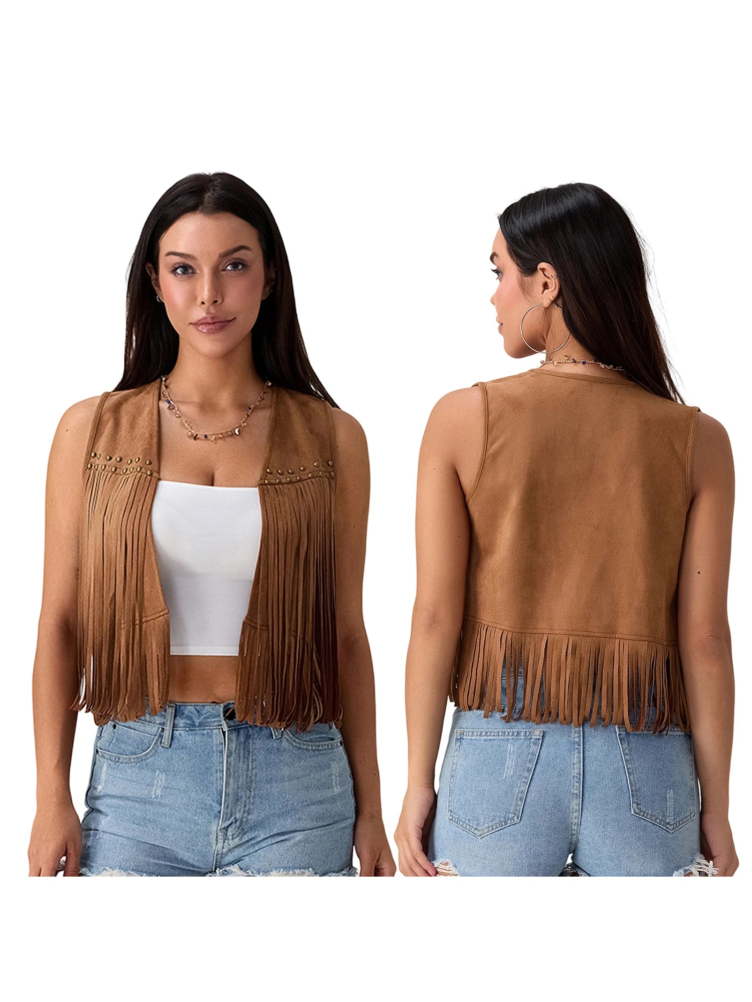 Women s Suede Tassel Vest 70s Hippie Outfit Sleeveless Open Front Vest Western Jacket